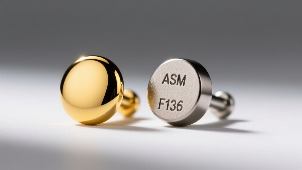 Polished 14k yellow gold 3mm stud next to a matte ASTM F136 titanium 3mm stud, highlighting metal color and texture details.