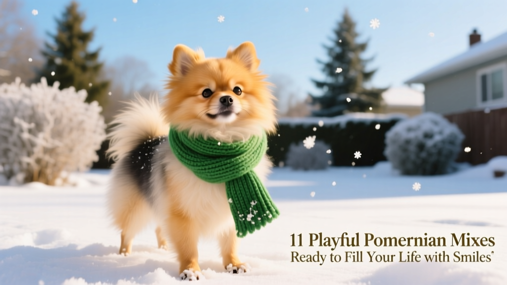 Yorkie-Pom, Pomeranian Yorkie mix, standing in snow wearing green scarf