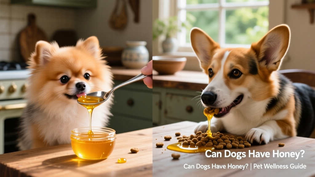 Side-by-side comparison: a small dog licking honey from a spoon, and a medium dog enjoying honey-drizzled kibble