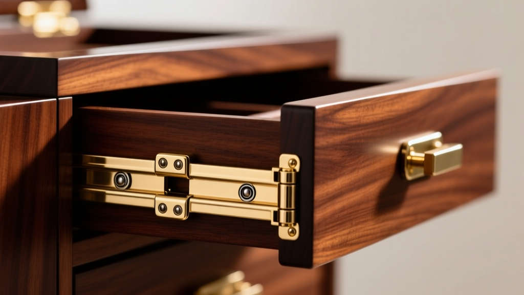 Close-up of ball-bearing metal drawer glides and brass hinges on a mahogany armoire jewelry box, highlighting premium hardware.