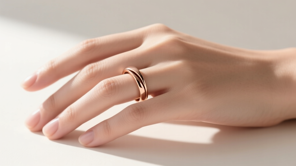 Side profile of a hand wearing a rose gold bypass ring, highlighting the ergonomic fit and the open gap resting against the skin.