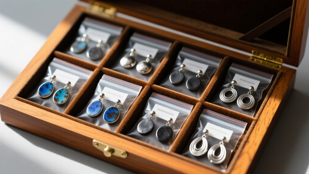 Oxidized silver clay earrings stored in airtight bags with anti-tarnish strips, arranged neatly inside a velvet-lined wooden box.