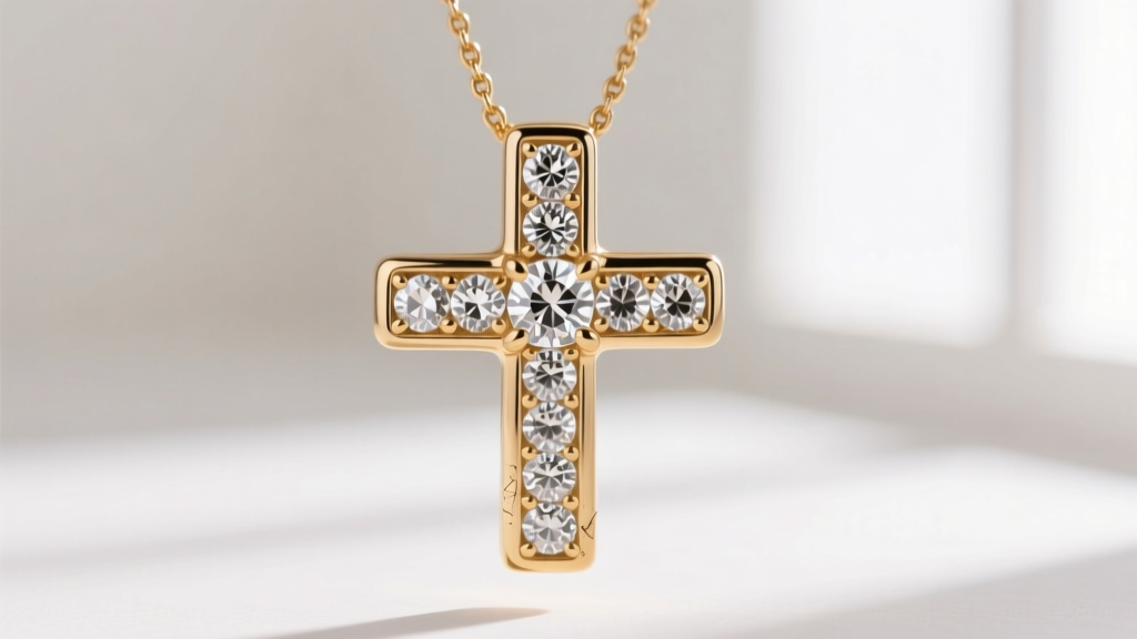 Macro shot of a cubic zirconia pave cross pendant showing the brass base metal and 14k gold-tone plating edge under bright light.