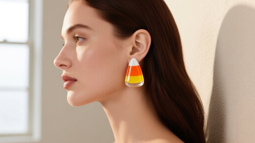 Side profile of a woman wearing lightweight acrylic candy corn stud earrings, showing the comfortable fit on a standard earlobe.