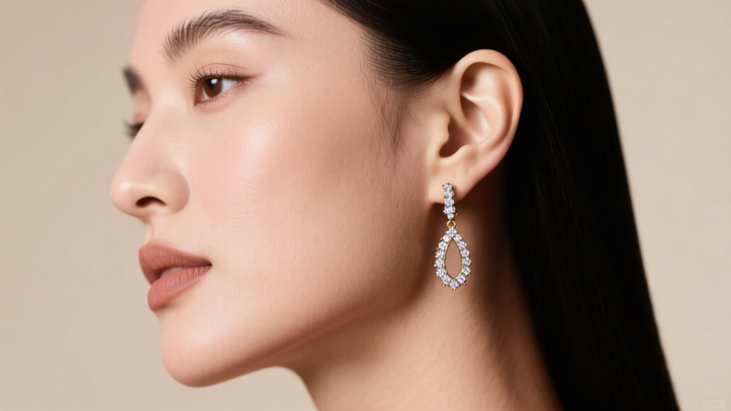 Side profile of woman with square jawline wearing 18k white gold Messika Move Pavé drop earrings against a muted beige background