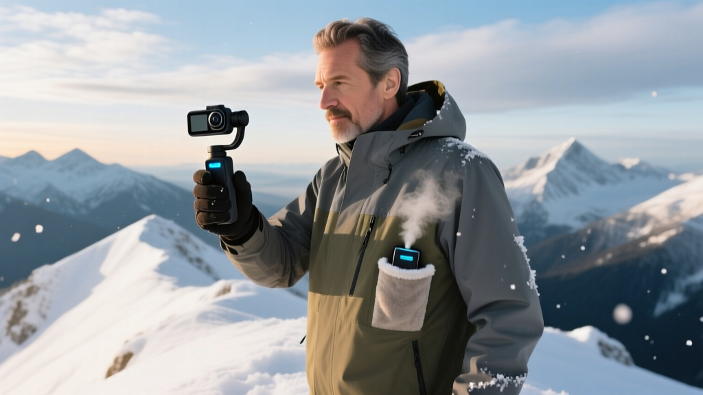 Hiker in a snowy alpine environment recalibrating a DJI Osmo Mobile 6 gimbal while keeping the battery warm inside a jacket pocket