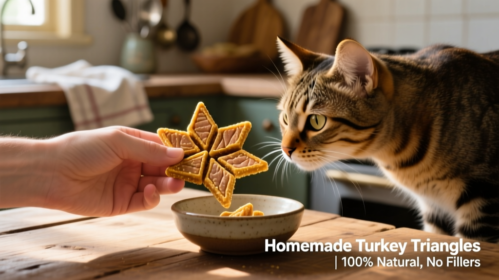 Hand holding a few golden triangle-shaped cat treats next to a small bowl and a curious cat sniffing nearby