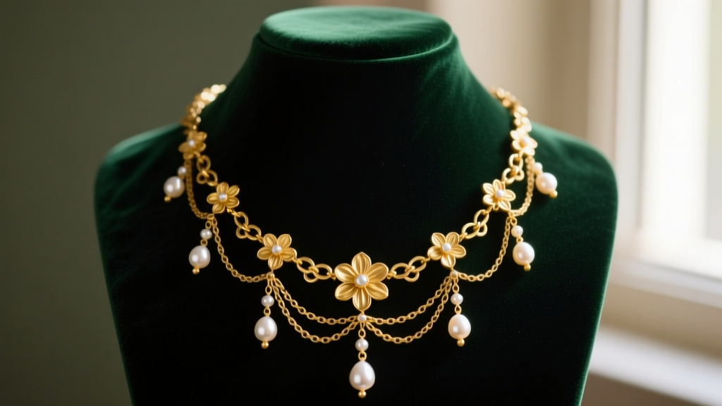 Elegant vintage-inspired 14k gold festoon necklace with draped chains and small pearl drops resting on a dark velvet display bust.