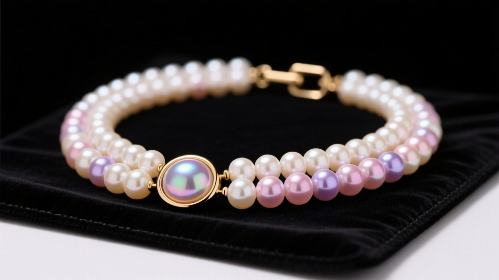 Close-up of a multi-strand fashion pearl necklace with glass beads and brass clasp resting on a dark velvet jewelry cleaning mat