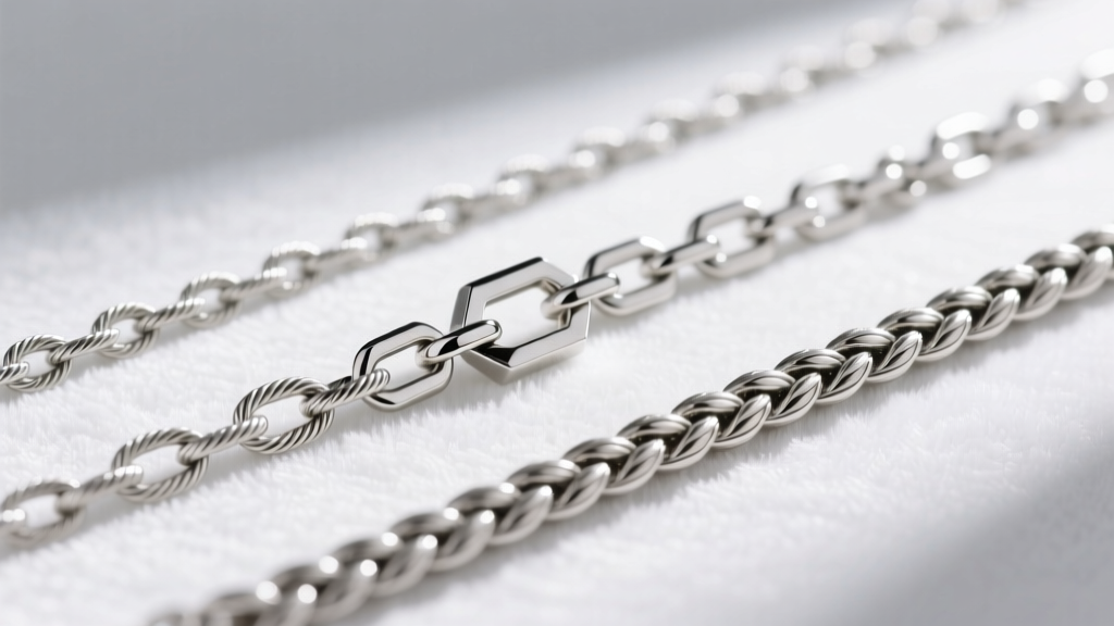 Macro photo of three silver chains on white velvet: a delicate cable chain, a geometric box chain, and a tightly woven wheat chain