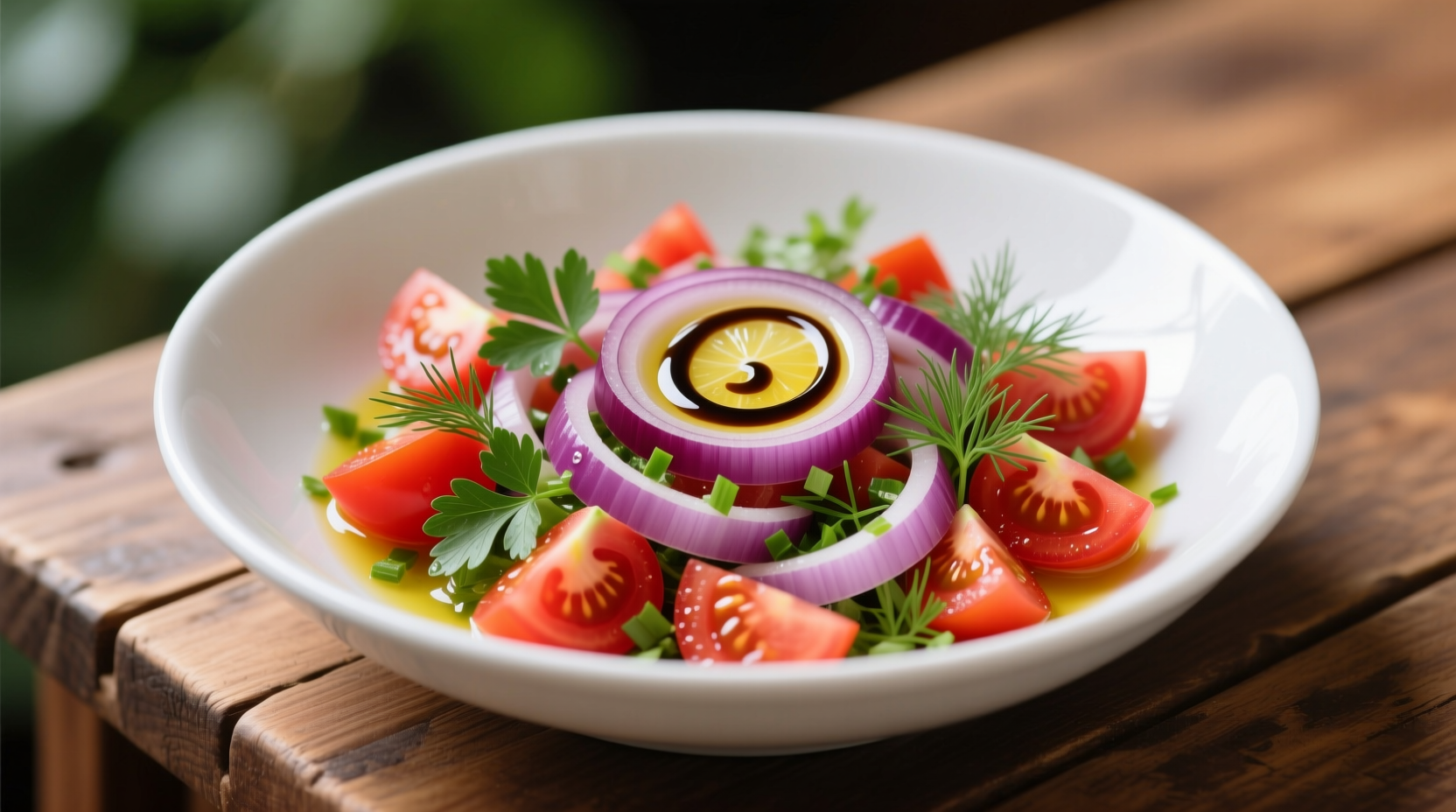 Fresh tomato red onion salad in white bowl with herbs