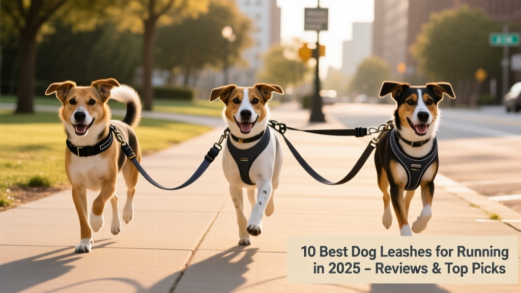 Side-by-side comparison of three running leashes: hands-free waist belt style, standard bungee leash, and traffic-handled dual-clip leash
