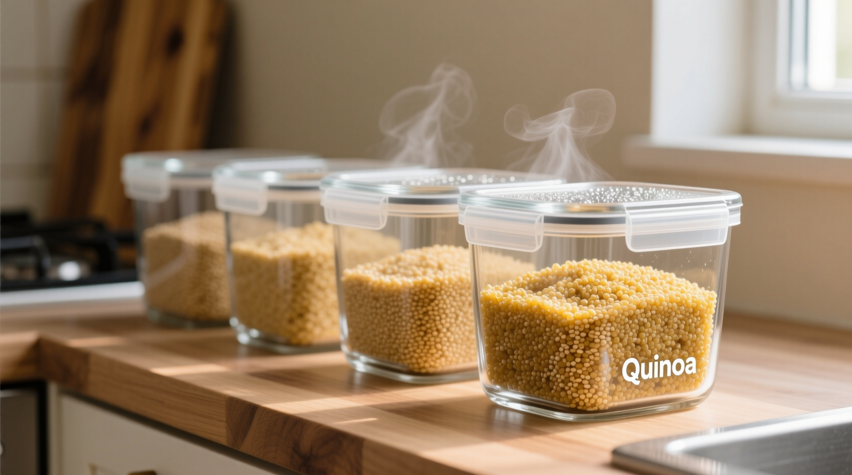 Cooked quinoa in glass storage containers