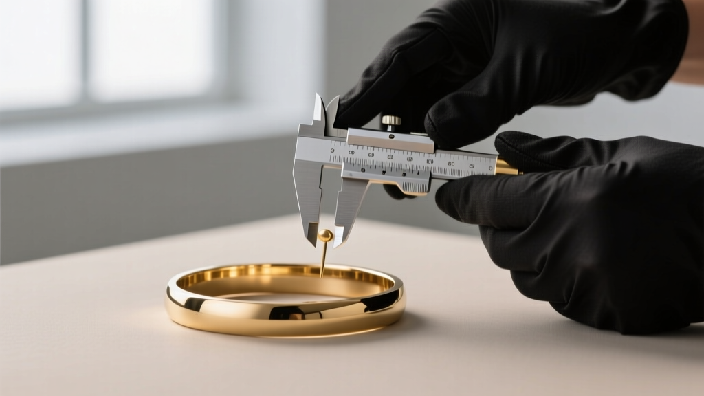 Jeweler using a micrometer to measure the PVD gold layer thickness on a minimalist stainless steel bangle bracelet