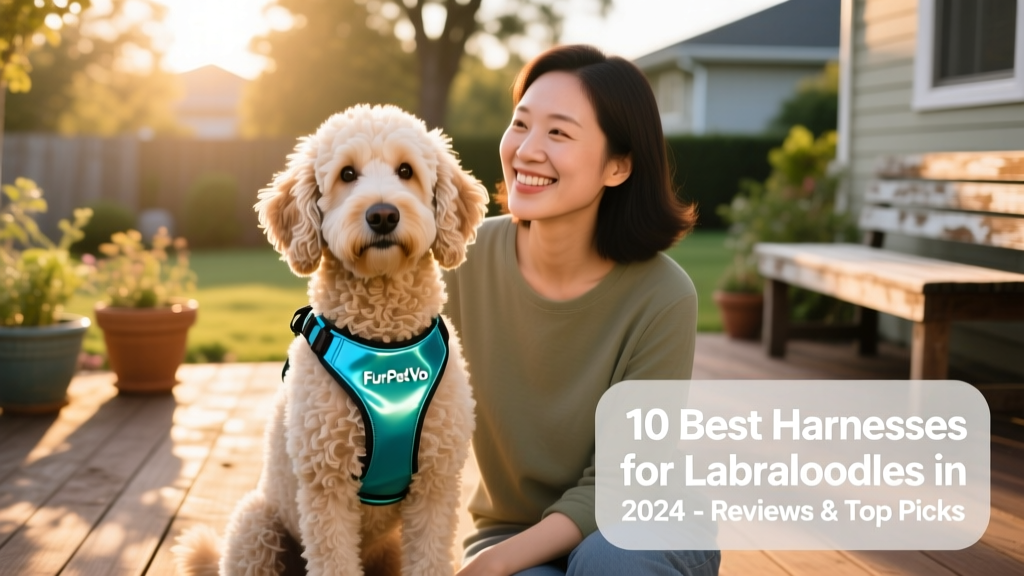 Labradoodle sitting calmly beside owner while wearing a FurPetVo harness, both smiling in natural light