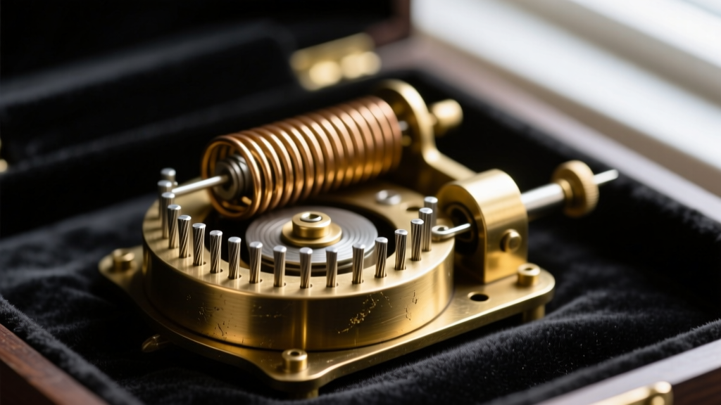 Macro shot of a brass 18-note cylinder music box mechanism with visible steel pins and a wound mainspring, resting on dark felt.