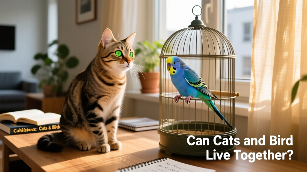 A curious tabby cat sitting on a desk, intently watching a blue parakeet in a nearby cage