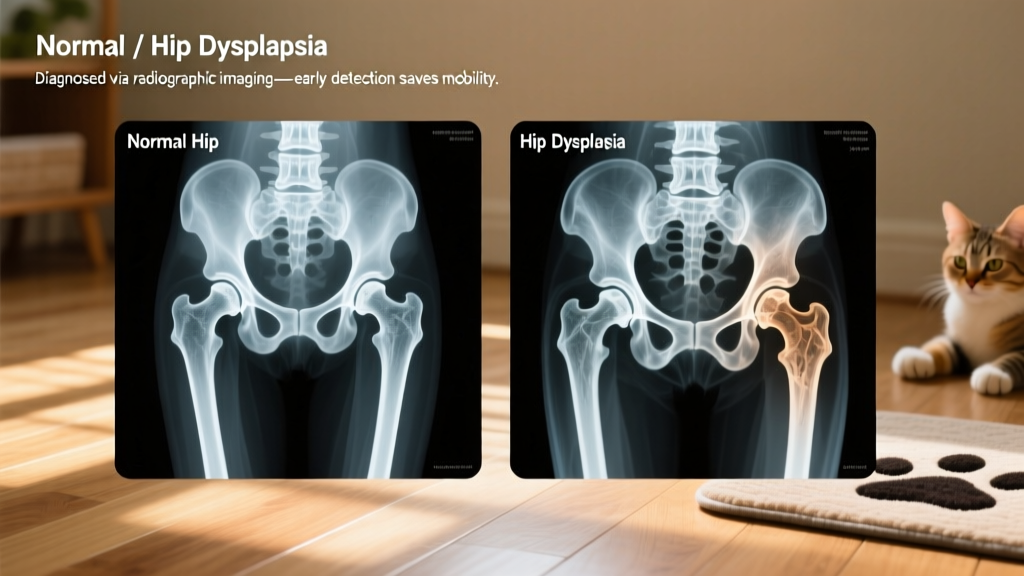 X-ray image showing normal feline hip joint versus one with hip dysplasia, highlighting joint misalignment and arthritic changes