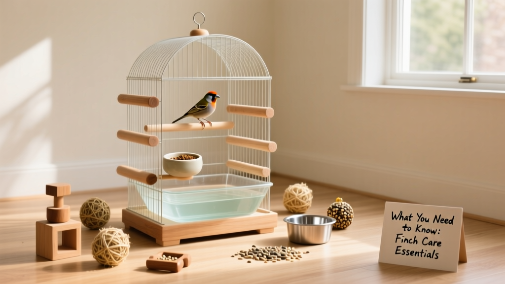 A clean, spacious finch cage with multiple perches, food and water dishes, a shallow bath, and foraging toys scattered throughout