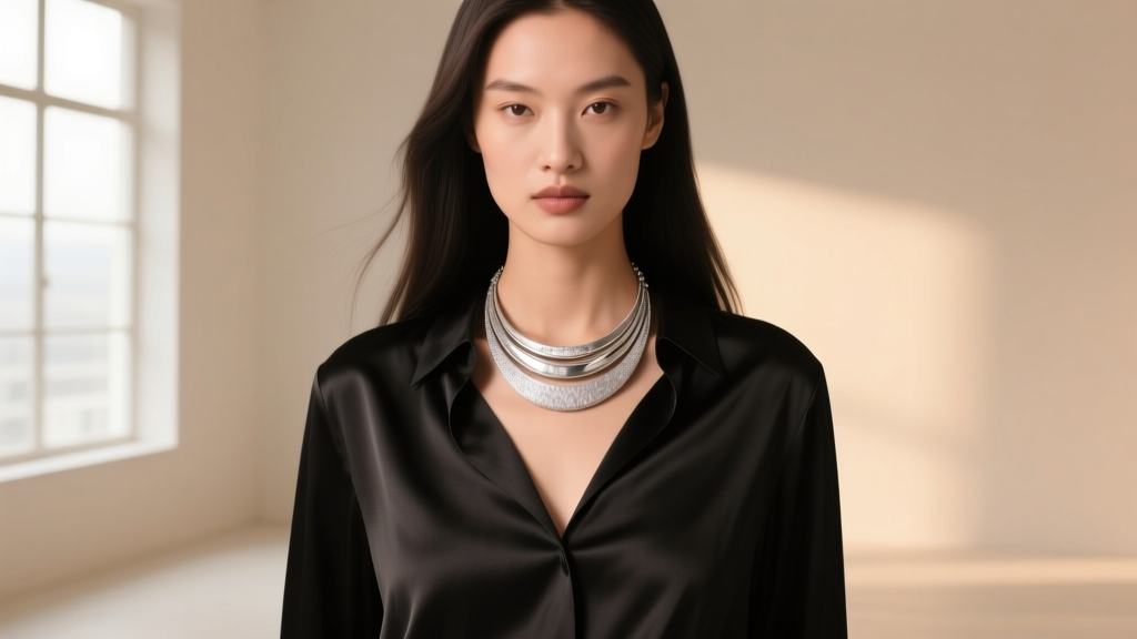 Model wearing a layered palladium pendant over black silk, showing the soft frosted patina that naturally develops over time.