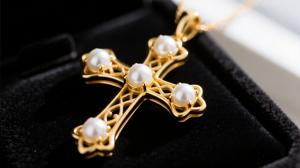 Close-up macro shot of an 18k yellow gold cross pendant featuring four bezel-set round white Akoya pearls against dark velvet.