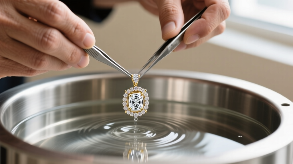 Jeweler hands using tweezers to lower a diamond-studded 14k white gold pendant into a stainless steel ultrasonic cleaning tank.