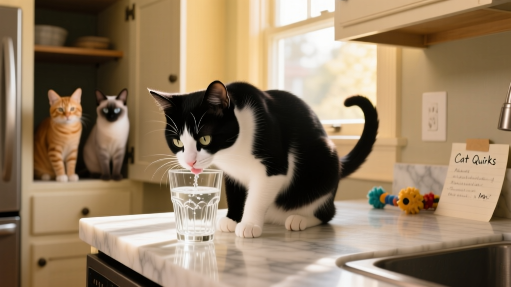 Minnie drinking water from a glass on a kitchen counter