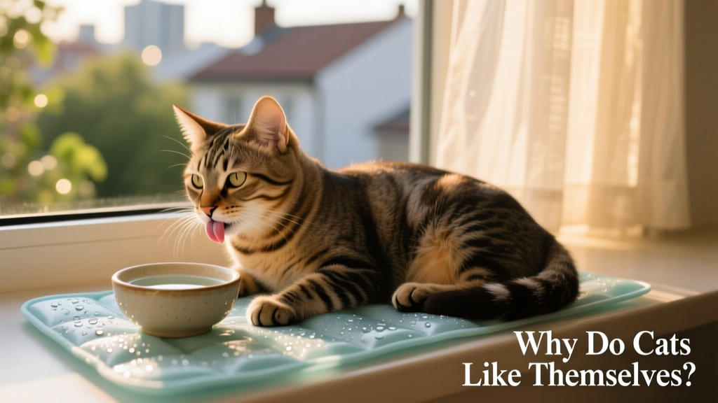 Cat resting on a cooling mat near a window with fresh water nearby