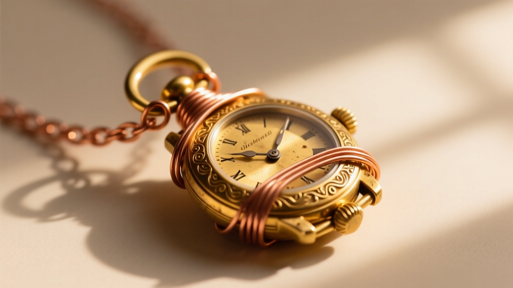 Macro shot of a vintage gold-filled watch fob being wire-wrapped with raw copper wire to form a pendant, under soft warm lighting.
