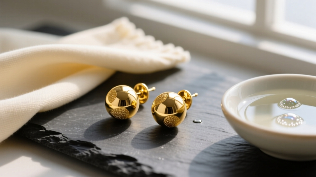 Macro shot of 14k yellow gold ball dangle earrings on dark slate, next to a soft polishing cloth and a small bowl of soapy water.