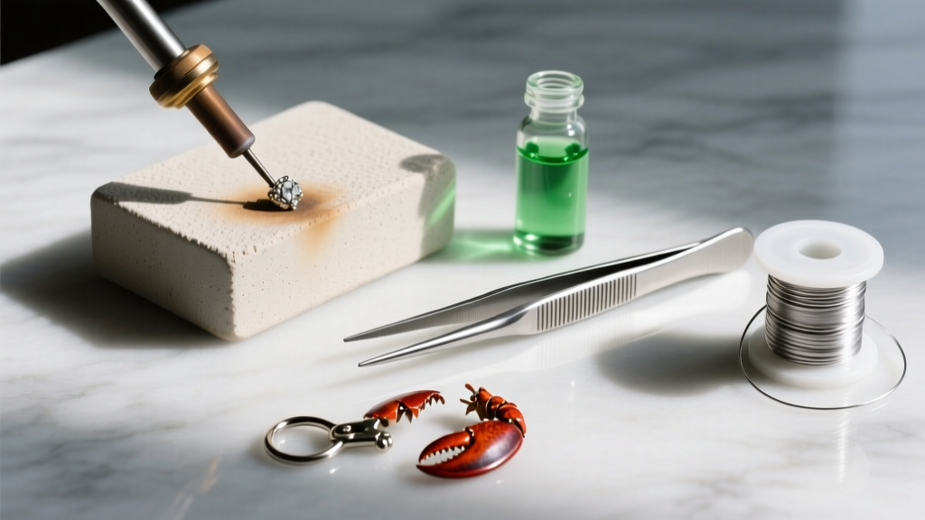 Flat lay of jewelry tools including a ceramic soldering block, tweezers, flux, and silver solder next to a broken lobster clasp