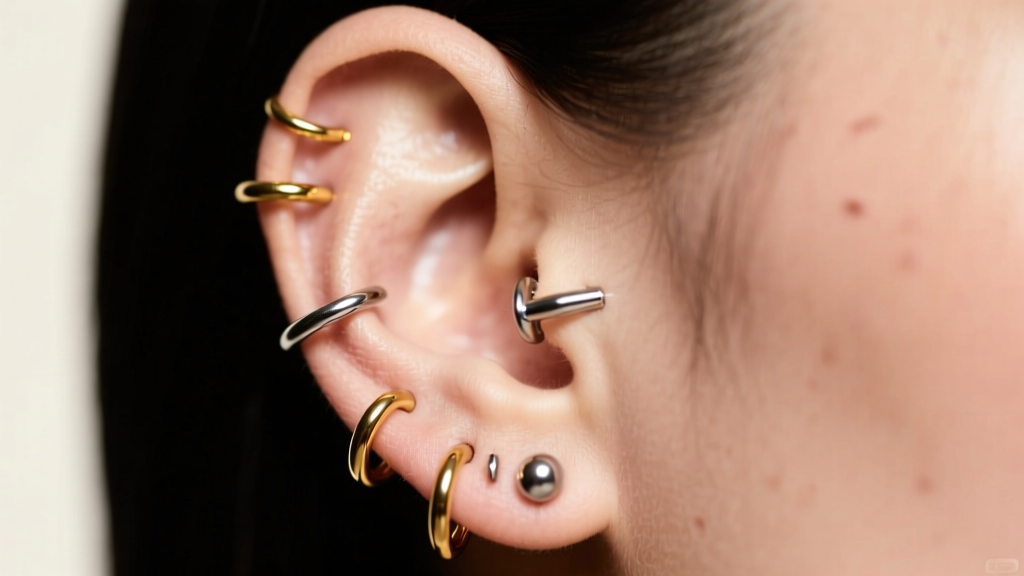 Curated ear featuring multiple healed piercings with 14k gold helix hoops and a titanium conch stud under soft studio lighting.