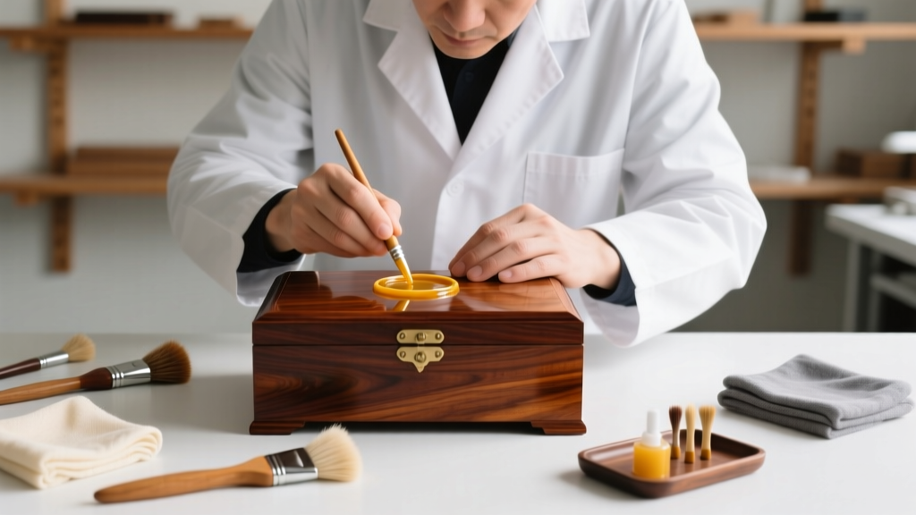 Conservator applying microcrystalline wax to a rosewood veneer antique jewelry box, surrounded by specialized polishing brushes and soft cloths.