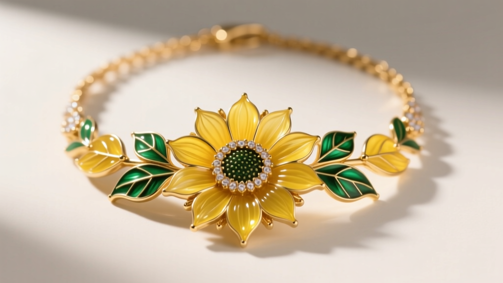 Gold sunflower necklace with champlevé enamel petals in translucent yellow and green, lit by soft directional studio lighting.