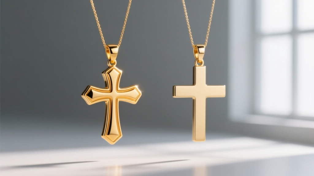 Side-by-side macro shot comparing the warm hue of an 18k gold cross pendant with the slightly paler tone of a 14k gold cross.