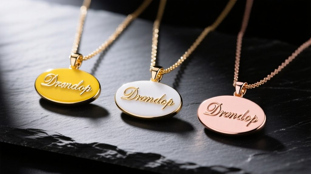 Top-down view of three name drop necklace pendants in yellow, white, and rose gold, showing script fonts on a dark slate surface.
