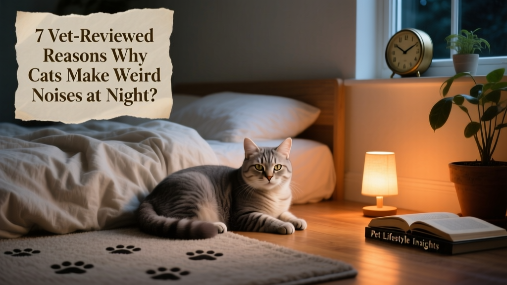 Senior cat resting peacefully beside a soft bed with a gentle nightlight nearby