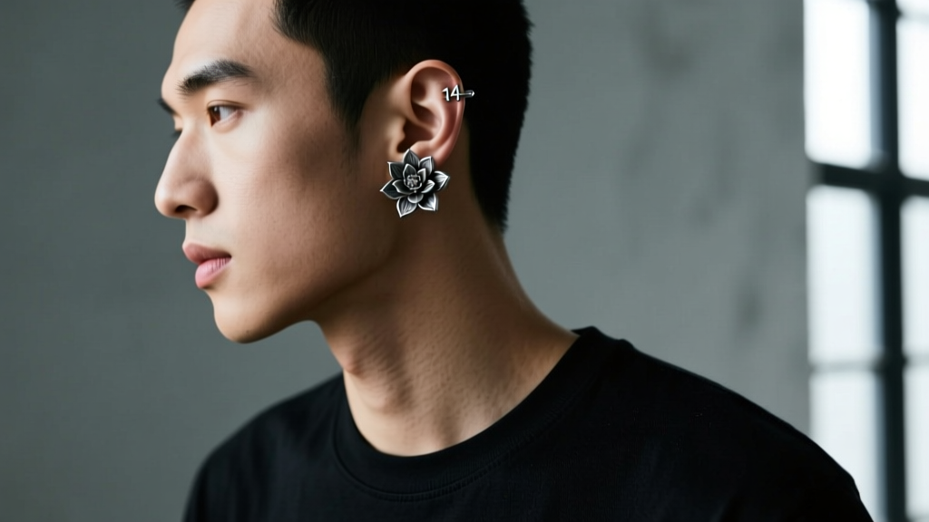 Side profile of a man wearing a 14-gauge oxidized silver lotus flower cartilage cuff on the upper helix, contrasting with a minimalist black t-shirt and moody lighting