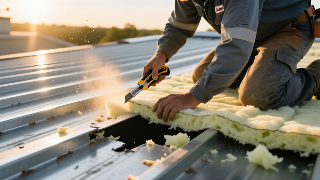 Roofer cutting away damaged Carlisle polyiso roof foam insulation to expose the steel roof deck during a single-ply membrane repair project