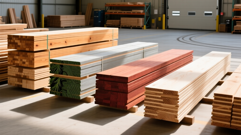 Stacks of graded Spruce-Pine-Fir and Douglas Fir dimensional lumber alongside LVL beams in a bright commercial lumber yard