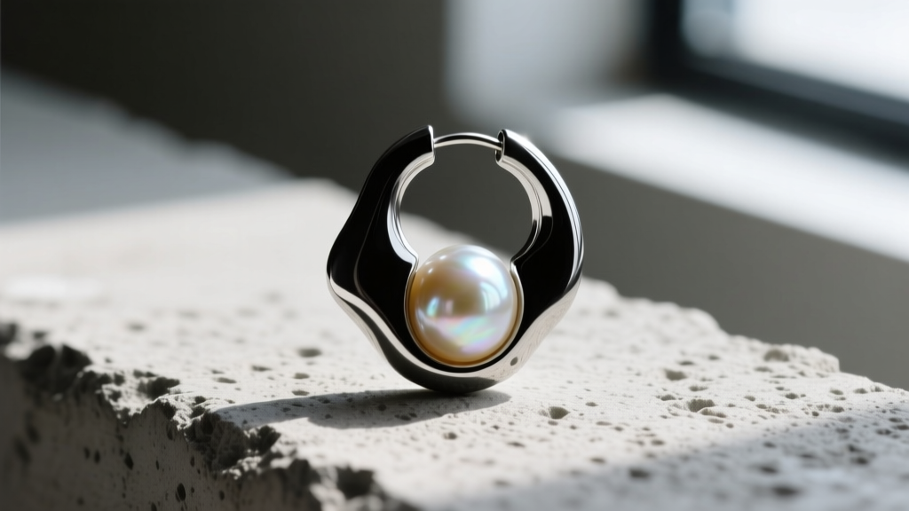Matte blackened silver huggie hoop earring featuring a single irregular baroque freshwater pearl, photographed on textured raw concrete