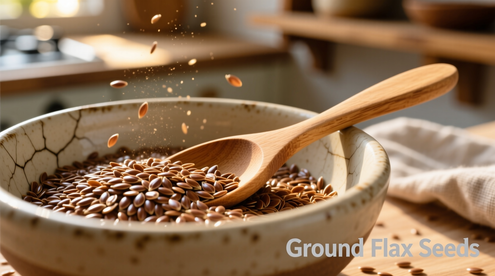 Ground flax seeds in ceramic bowl with wooden spoon