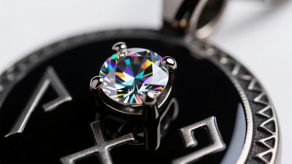 Extreme macro view of black vitreous enamel inlay and a faceted lab-grown spinel in a prong setting on a dark metal rune pendant.