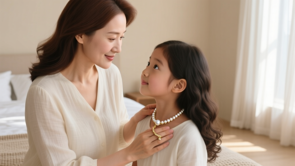 Mother clasping a delicate white gold and pearl heirloom necklace around her daughter
