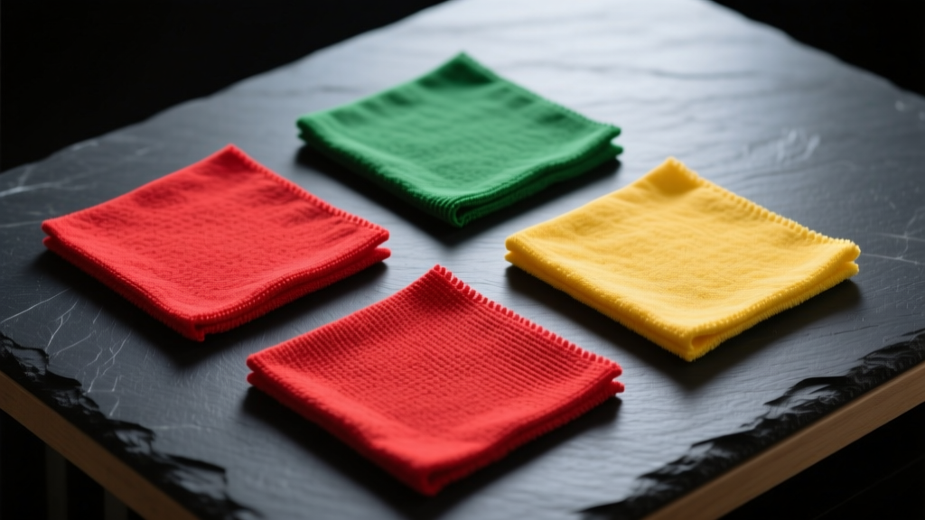 Red, green, and yellow polishing cloth squares on a dark slate workbench, illuminated by bright, soft overhead studio lighting.