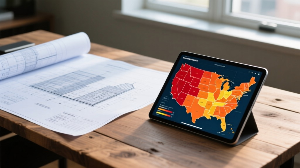Blueprints on a wooden desk next to a tablet showing a regional construction cost heat map of the United States