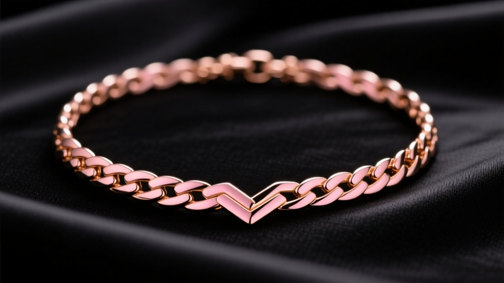 Flat 14k rose gold herringbone necklace on dark silk, showing V-shaped links and warm pink luster under soft lighting.