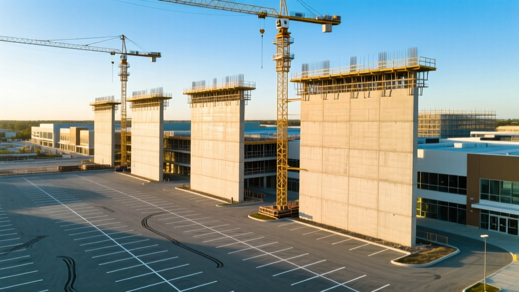 Aerial view of a modern shopping center construction site with tilt-up concrete walls being craned into place and freshly paved parking lots