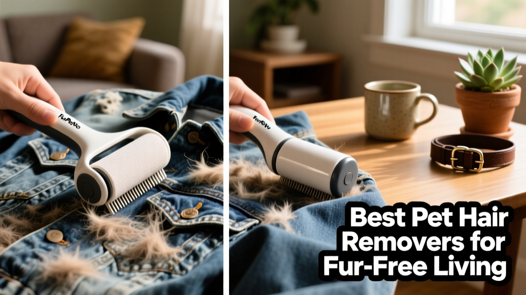 Side-by-side comparison showing FurPetVo ChomChom Roller and FurPetVo Frisco lint roller on a denim jacket covered in pet hair