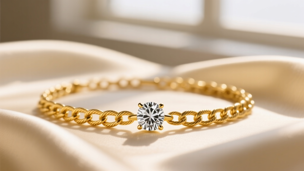 Macro view of a 14k yellow gold cable chain with a tiny bezel-set diamond pendant on cream silk in soft lighting